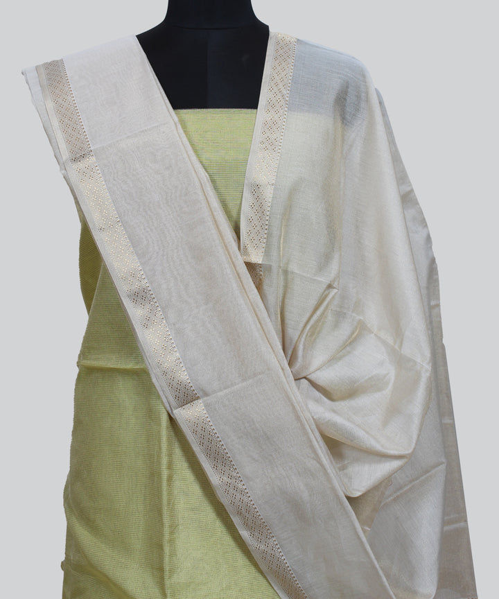 Lime green offwhite handwoven cotton silk maheshwari dress material