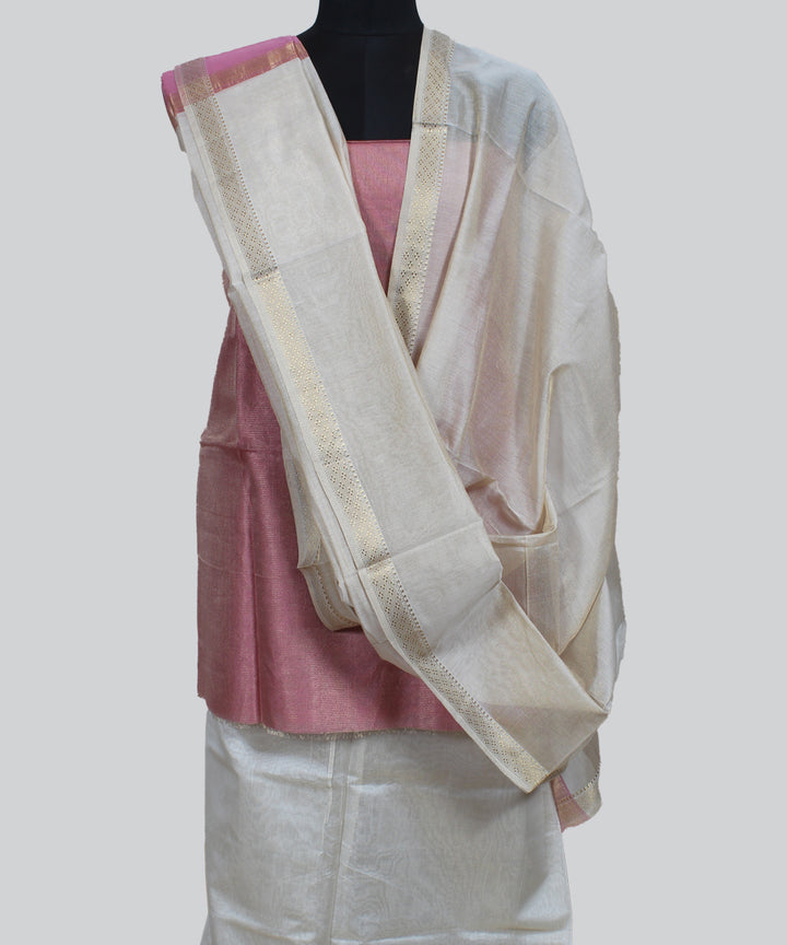 Pink offwhite handwoven maheshwari cotton silk dress material