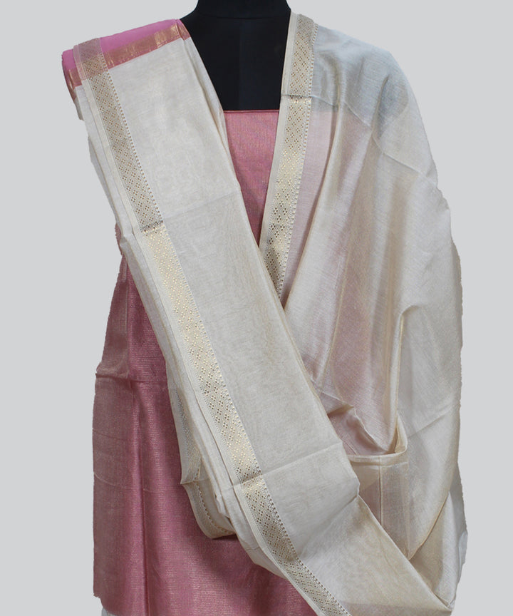 Pink offwhite handwoven maheshwari cotton silk dress material