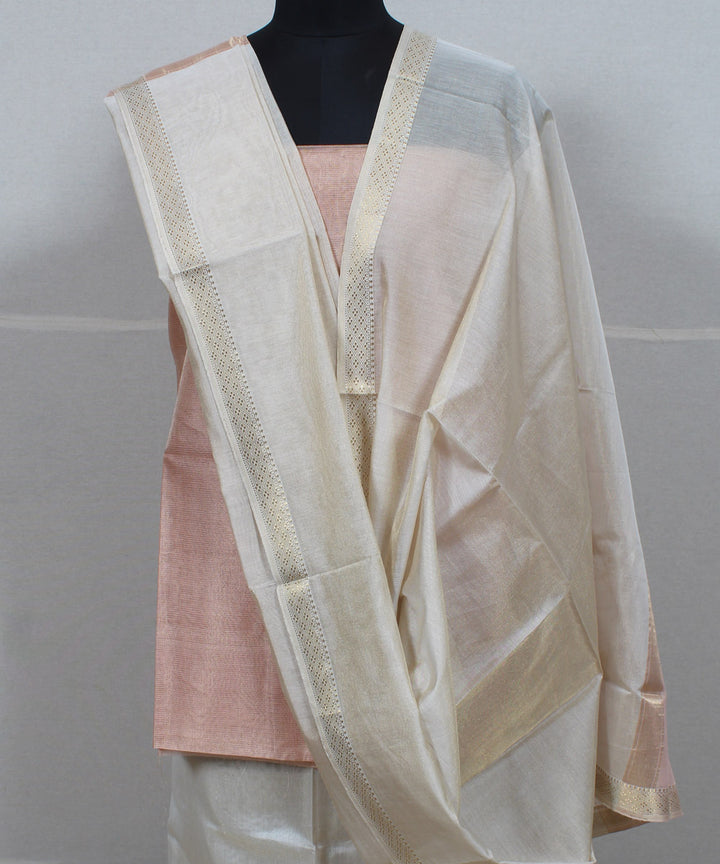 Peach offwhite handwoven cotton silk maheshwari dress material