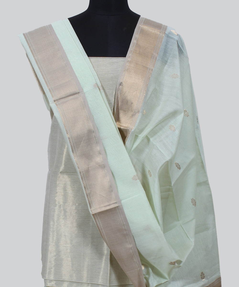 Light green offwhite handwoven cotton silk maheshwari dress material