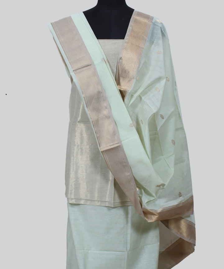 Light green offwhite handwoven cotton silk maheshwari dress material