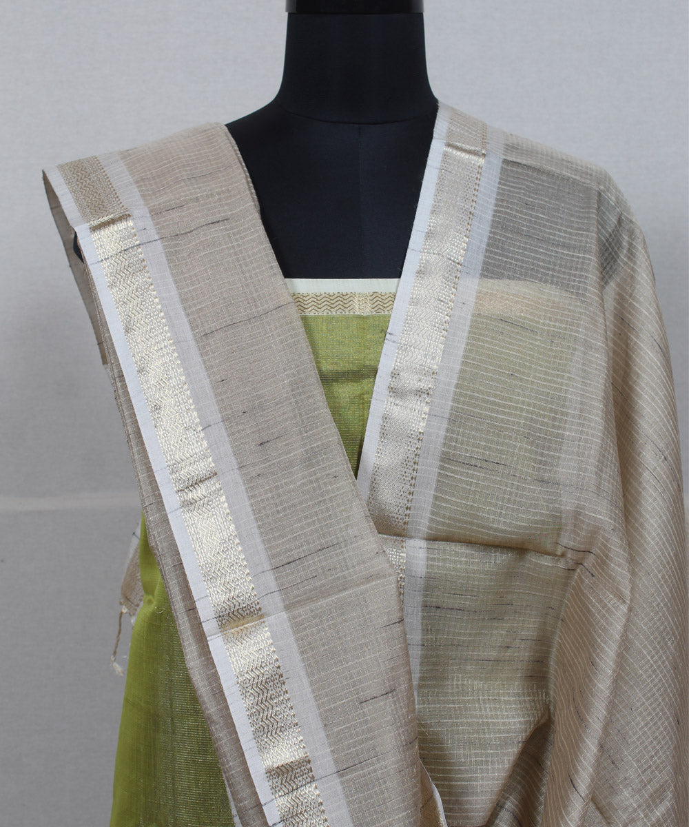 Olive green grey handwoven cotton silk maheshwari dress material