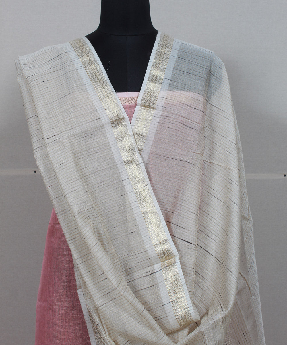 Pink offwhite handwoven cotton silk maheshwari dress material