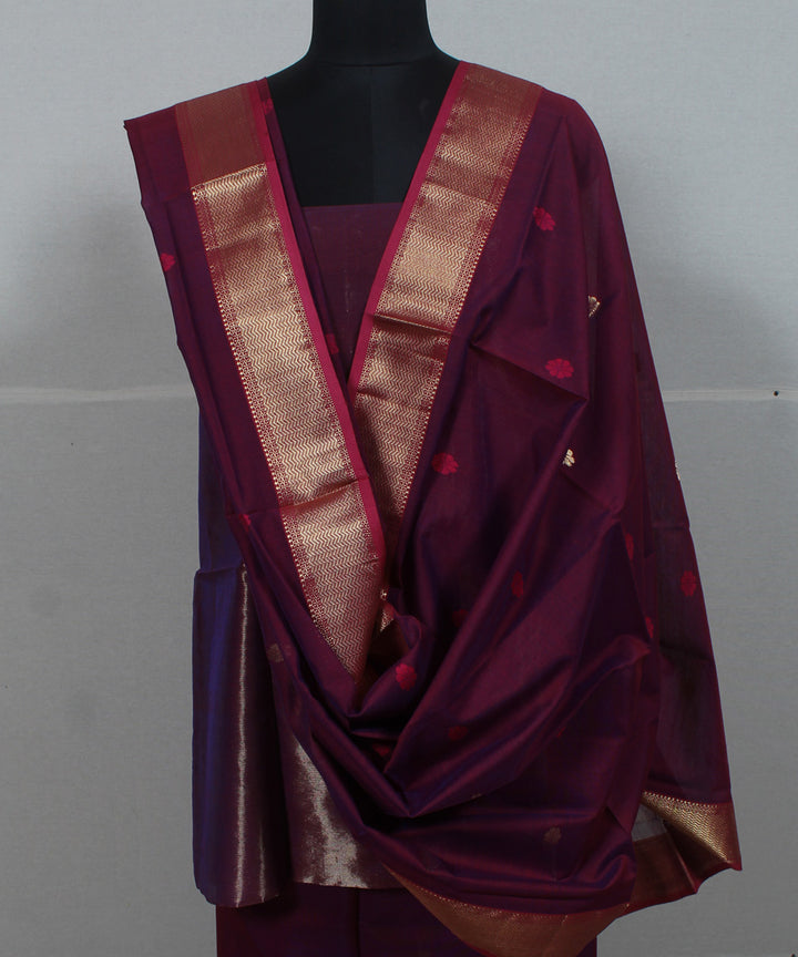 Maroon gold zari handwoven cotton silk maheshwari dress material