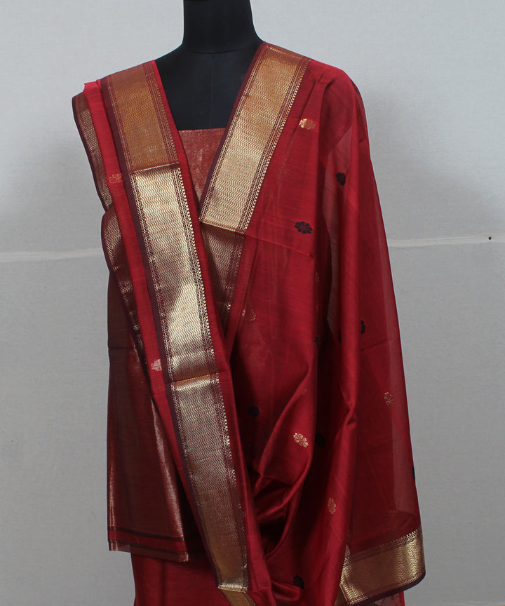 Red gold zari handwoven cotton silk maheshwari dress material