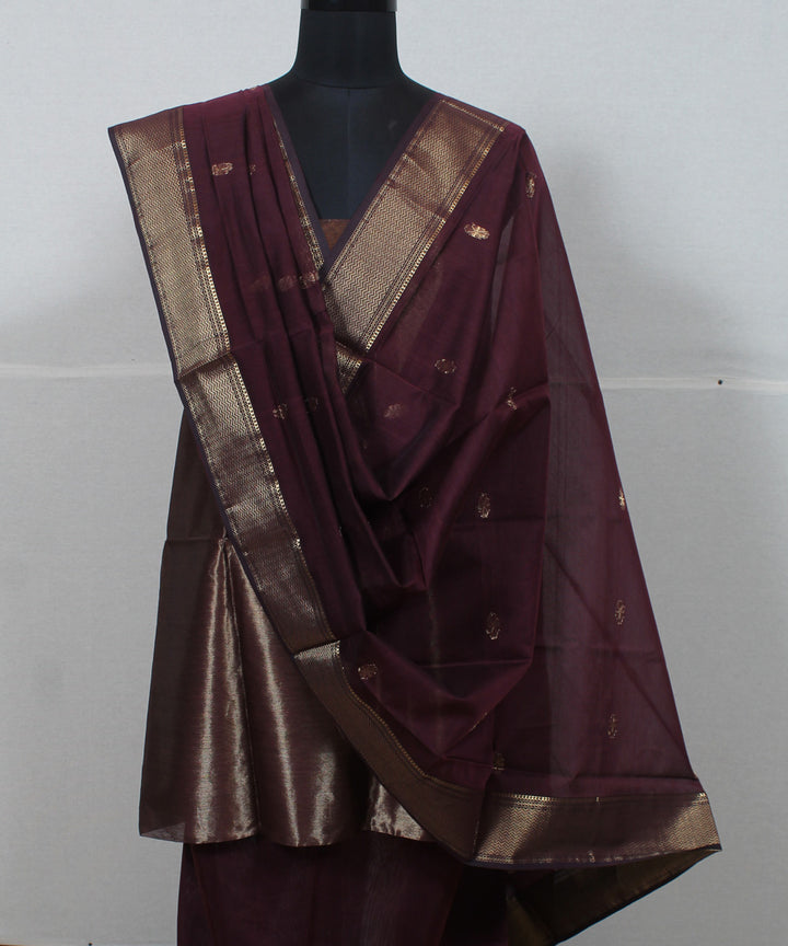 Maroon striped handwoven cotton silk maheshwari dress material