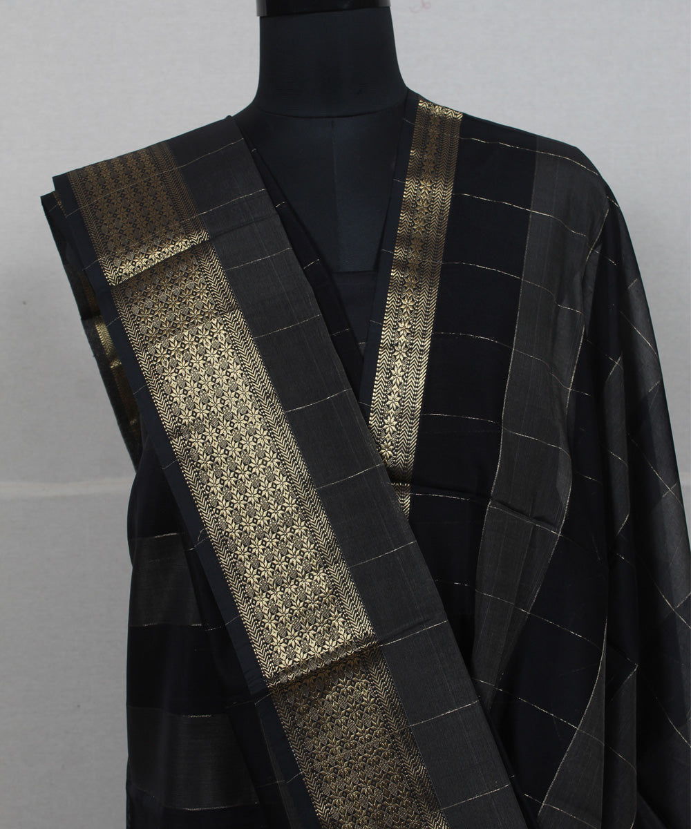 Black striped handwoven cotton silk maheshwari dress material