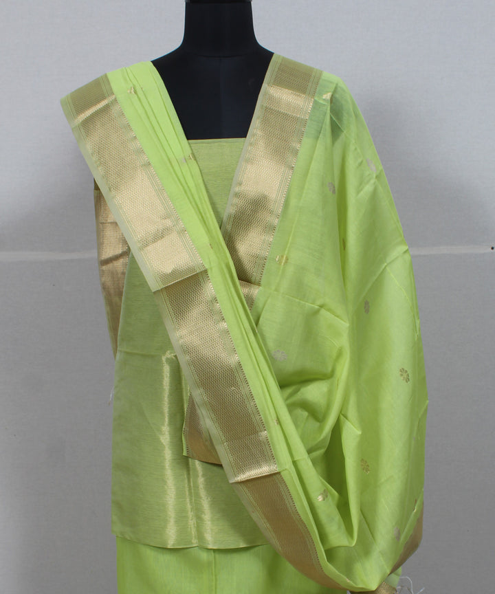 Light green gold zari handloom cotton silk maheshwari dress material