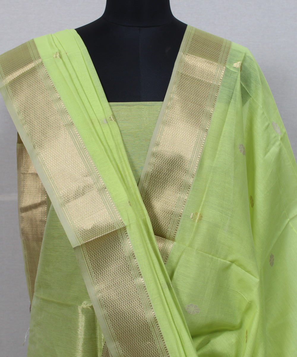 Light green gold zari handloom cotton silk maheshwari dress material