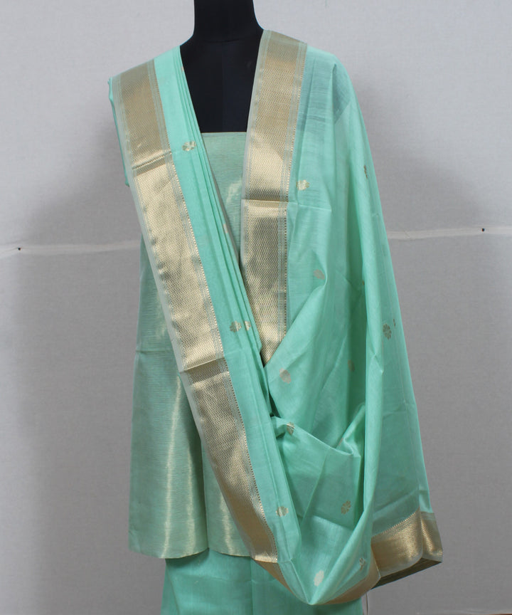 Light green gold zari handwoven cotton silk maheshwari dress material