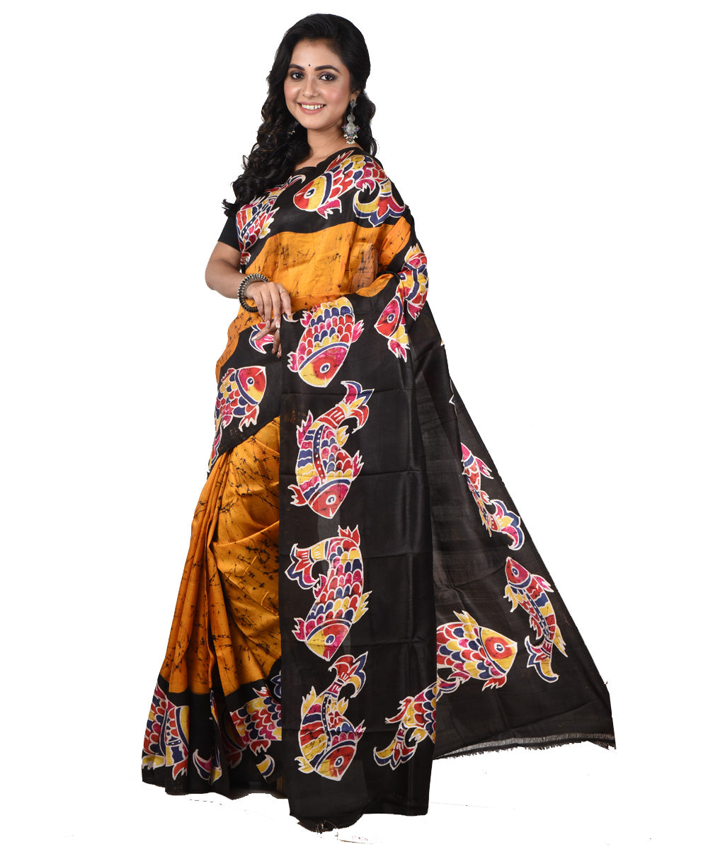 Brown offwhite silk hand printed batik print saree