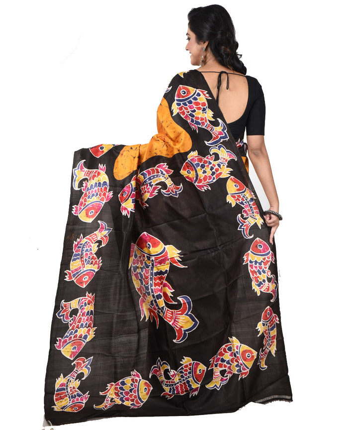 Brown offwhite silk hand printed batik print saree