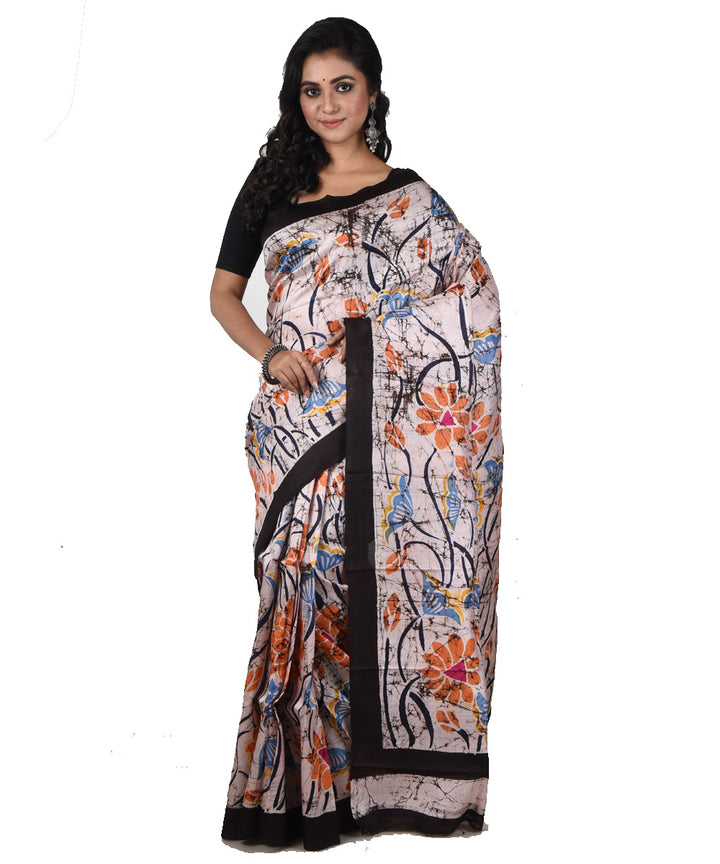 Navy blue green silk hand printed batik print saree
