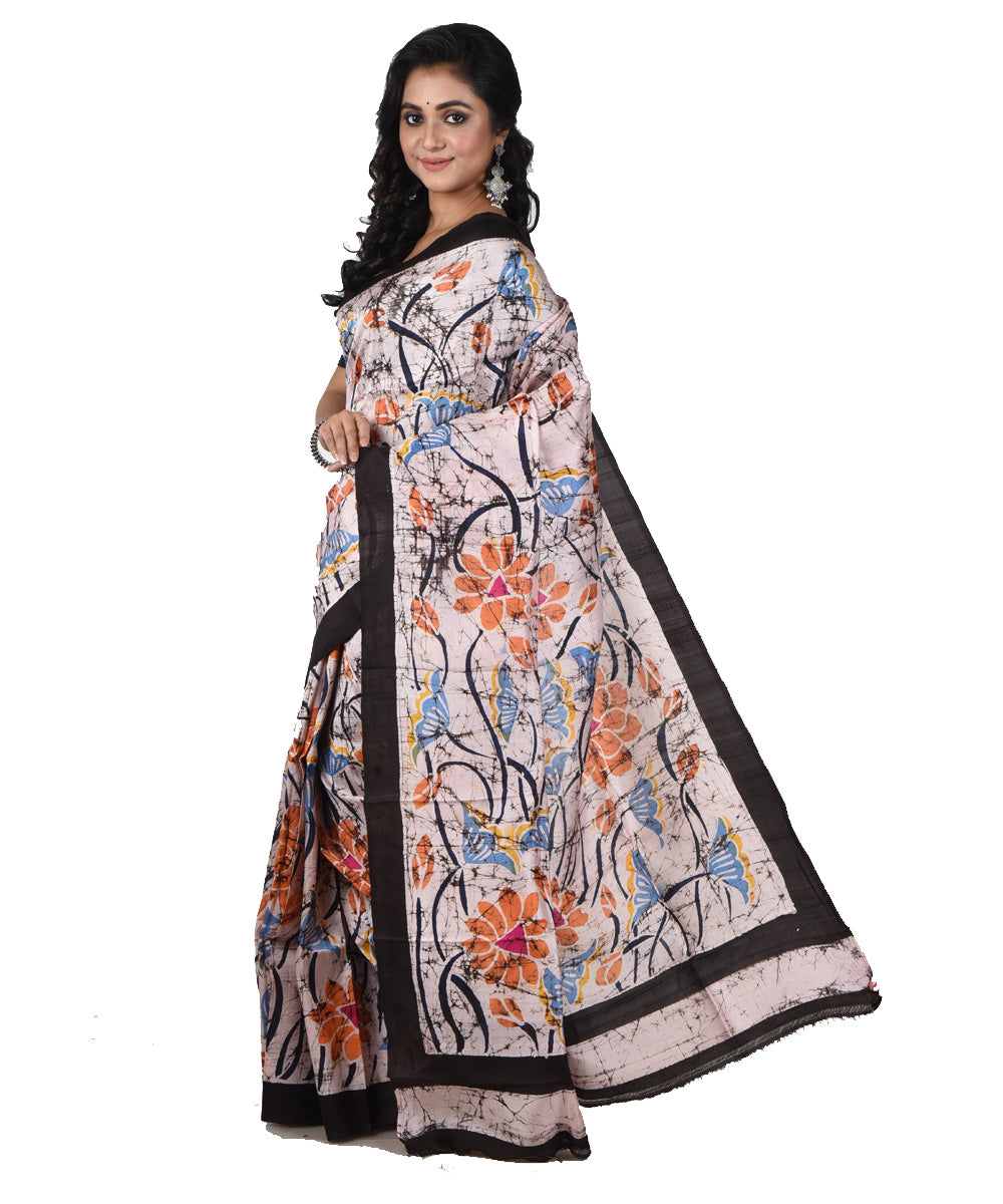 Navy blue green silk hand printed batik print saree