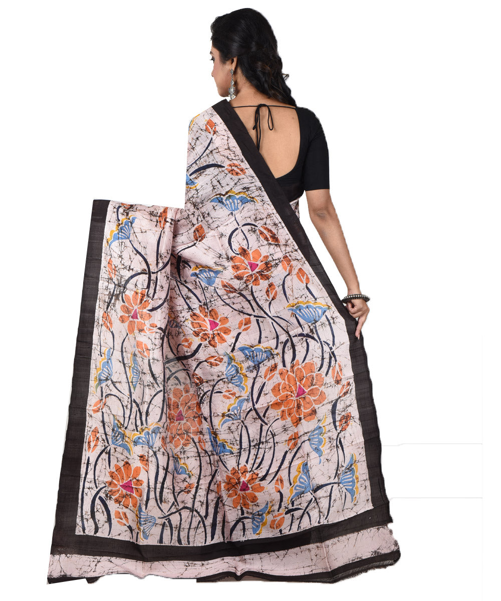 Navy blue green silk hand printed batik print saree