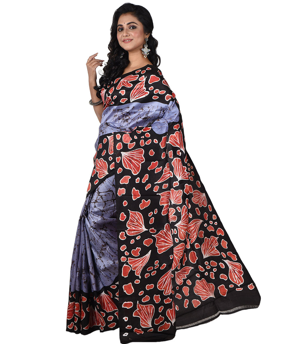 Purple black silk handloom batik print saree
