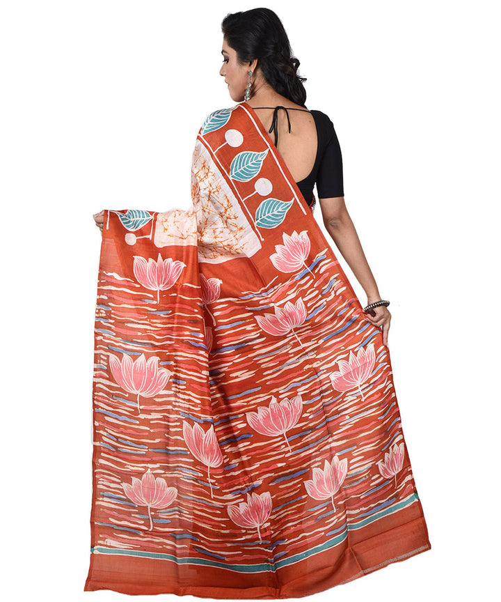 Peach maroon silk handloom batik print saree