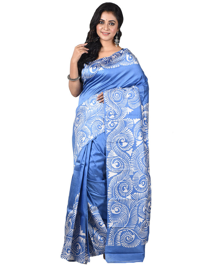 Sky blue offwhite silk handloom batik print saree