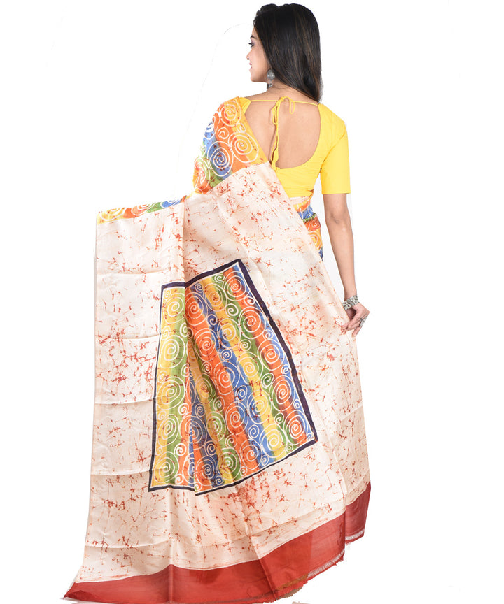 Cream multicolor silk handloom batik print saree
