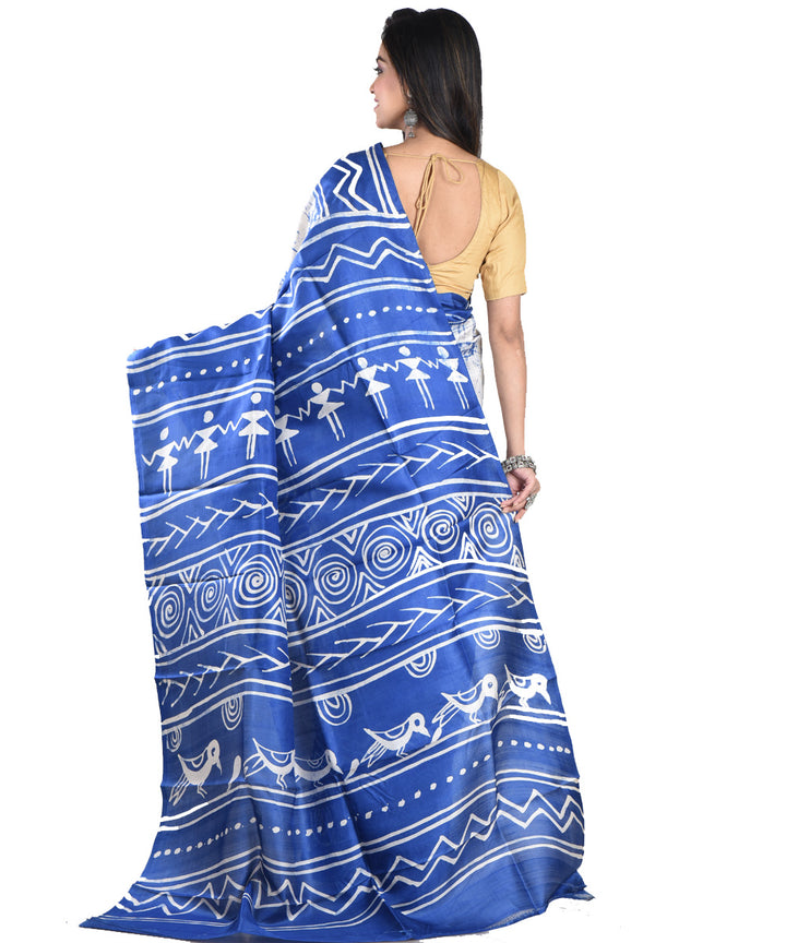 Sky blue white silk handloom batik print saree