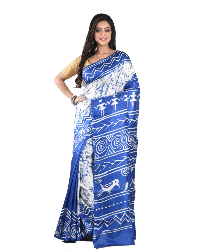 Sky blue white silk handloom batik print saree