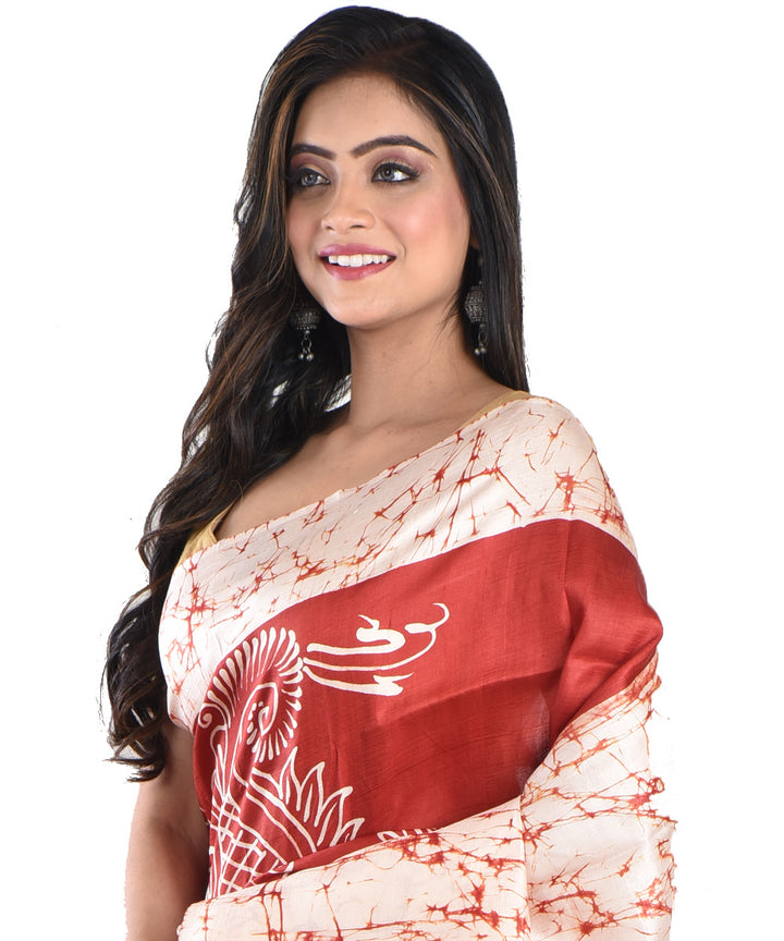 Cream maroon silk handloom batik print saree