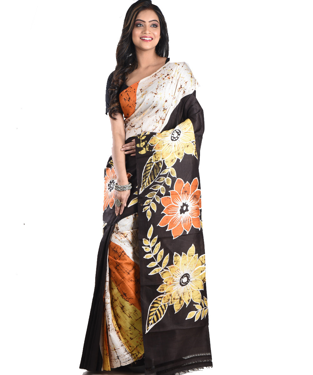 Black offwhite multicolor silk handloom batik print saree