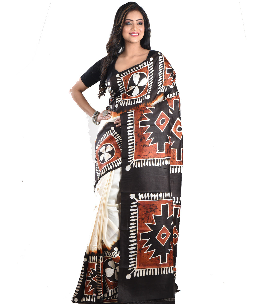 Black cream silk handloom batik print saree
