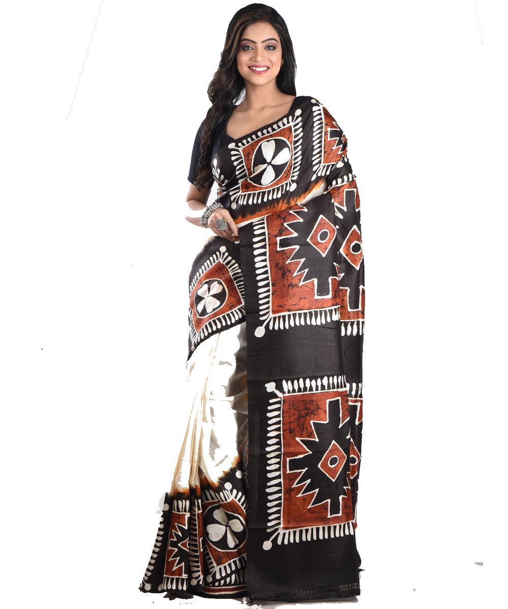 Black cream silk handloom batik print saree