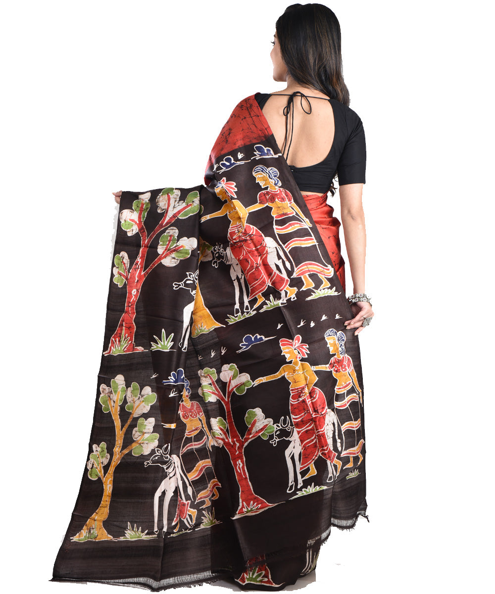 Maroon black silk handloom batik print saree