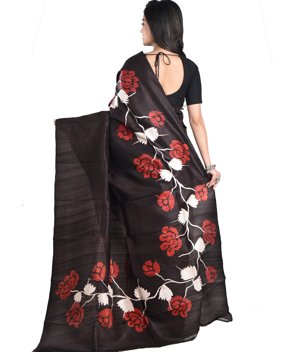 Black maroon silk handloom batik print saree