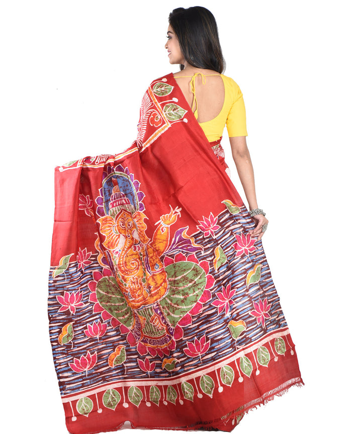 Maroon multicolor silk handloom batik print saree