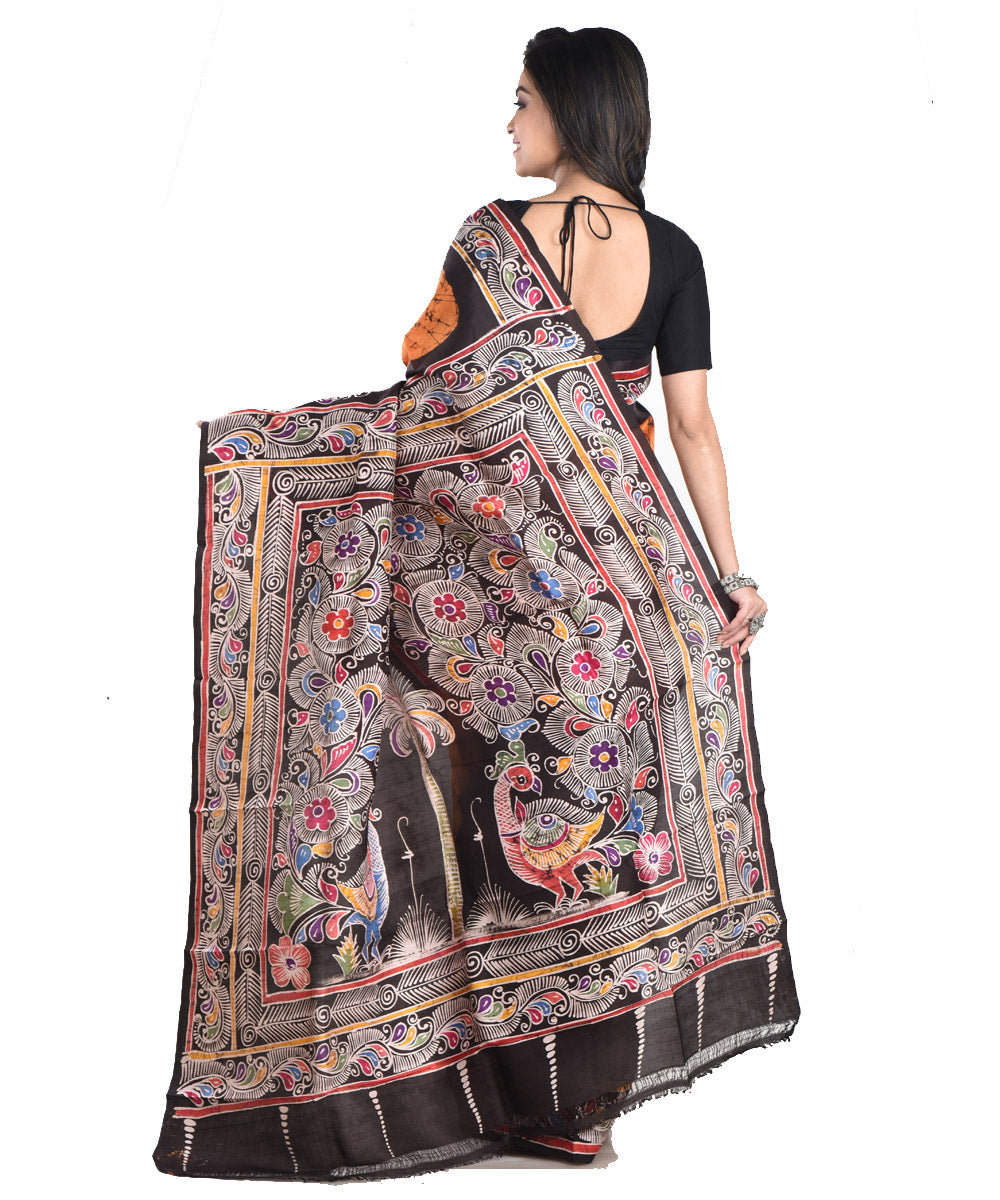 Brown multicolor silk handloom batik print saree