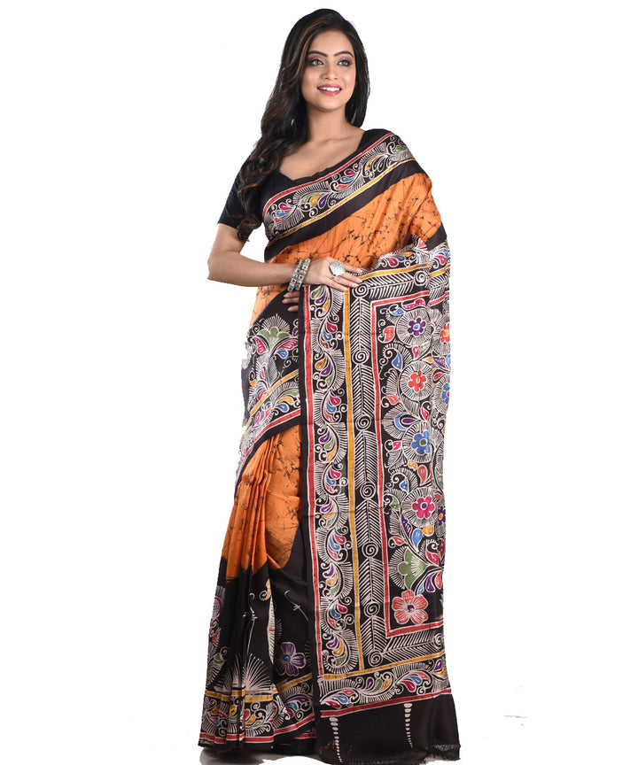 Brown multicolor silk handloom batik print saree