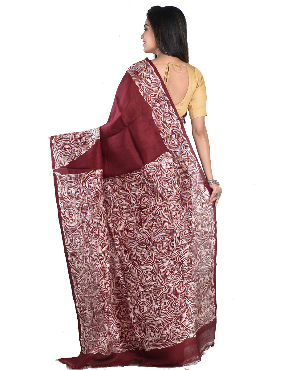 Maroon white silk handloom batik print saree
