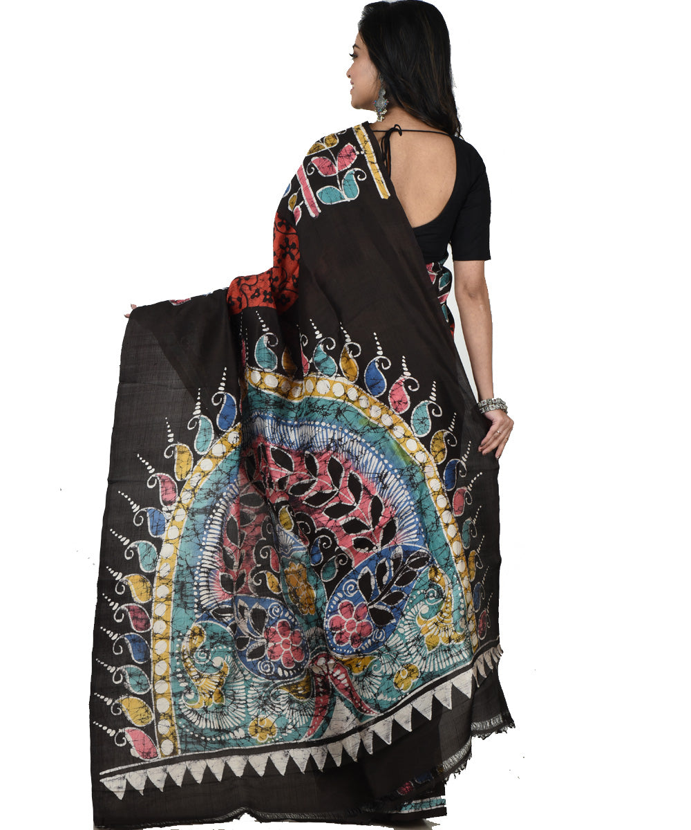 Black multicolor silk handloom batik print saree