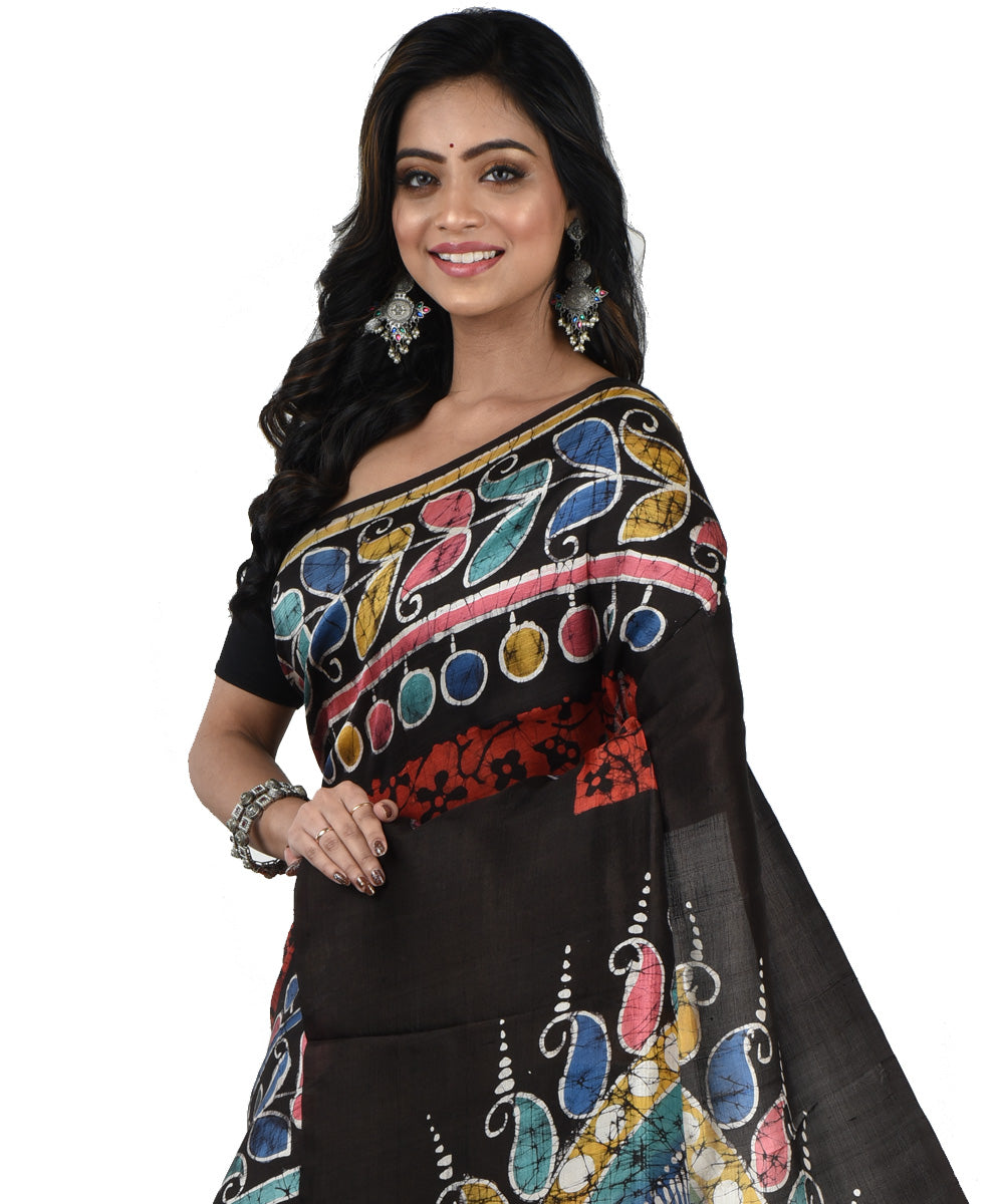 Black multicolor silk handloom batik print saree