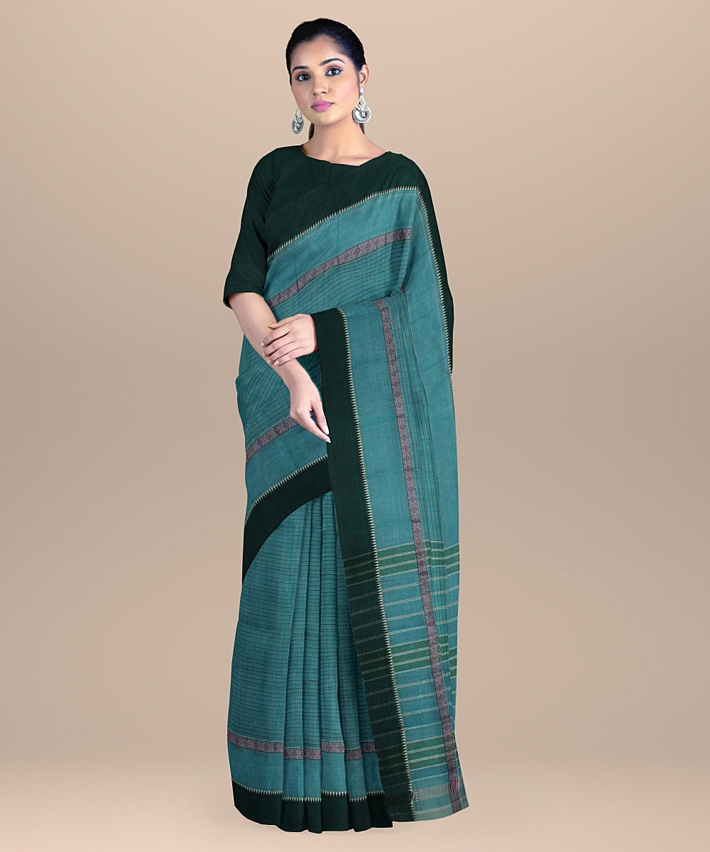 Light green striped cotton handwoven narayanapet saree