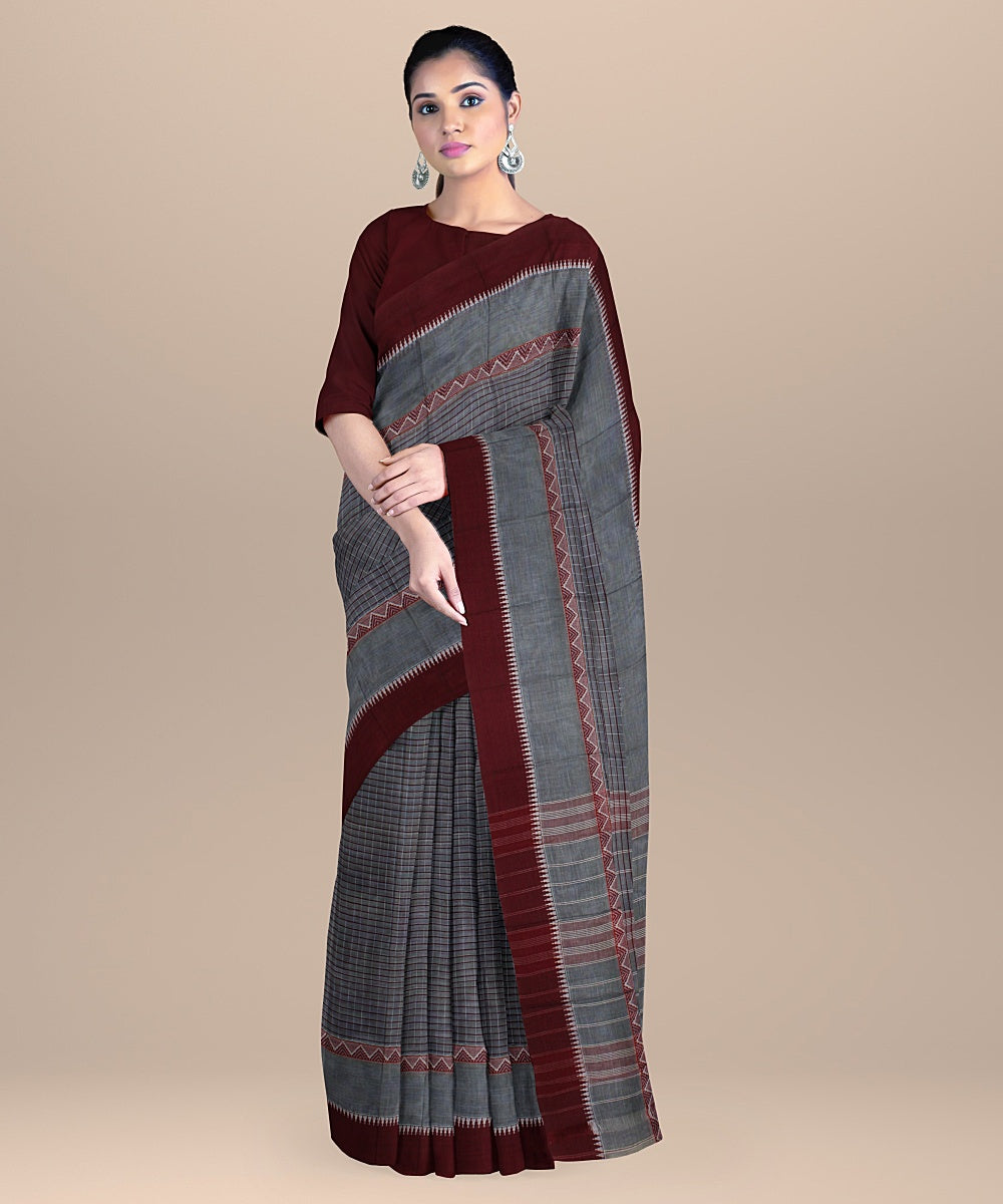 Grey maroon handwoven cotton narayanapet saree