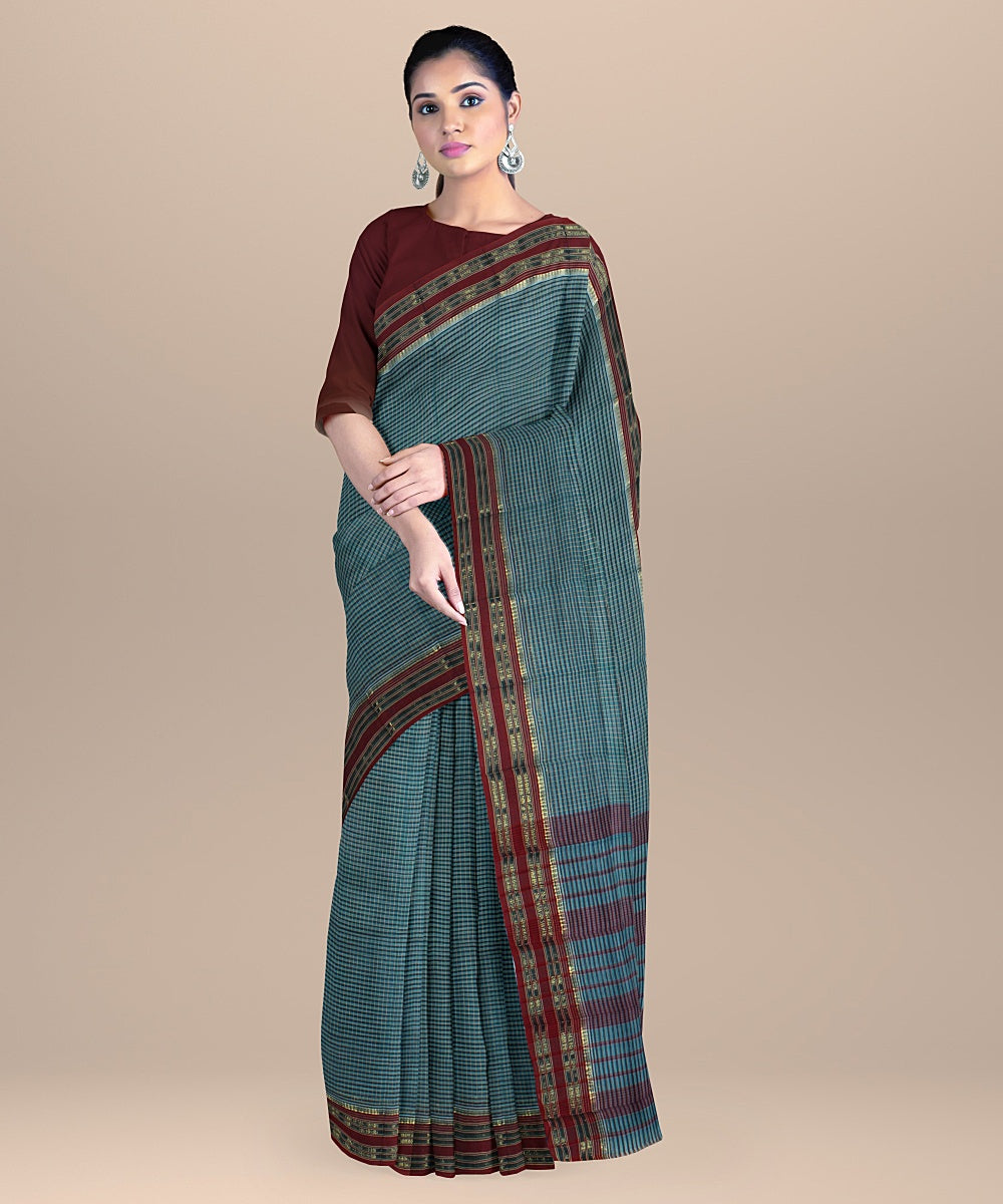 Dark green red handwoven narayanapet cotton saree