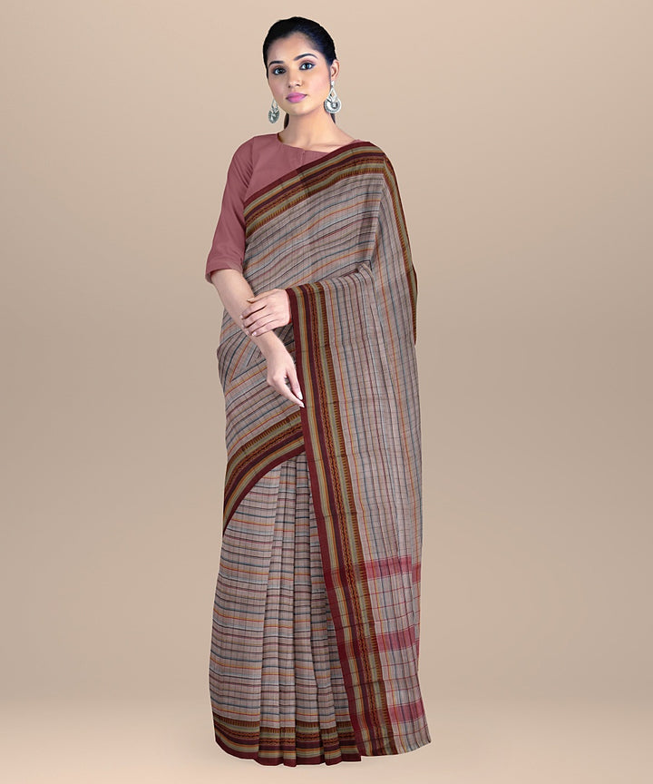 Beige red striped handwoven narayanapet cotton saree