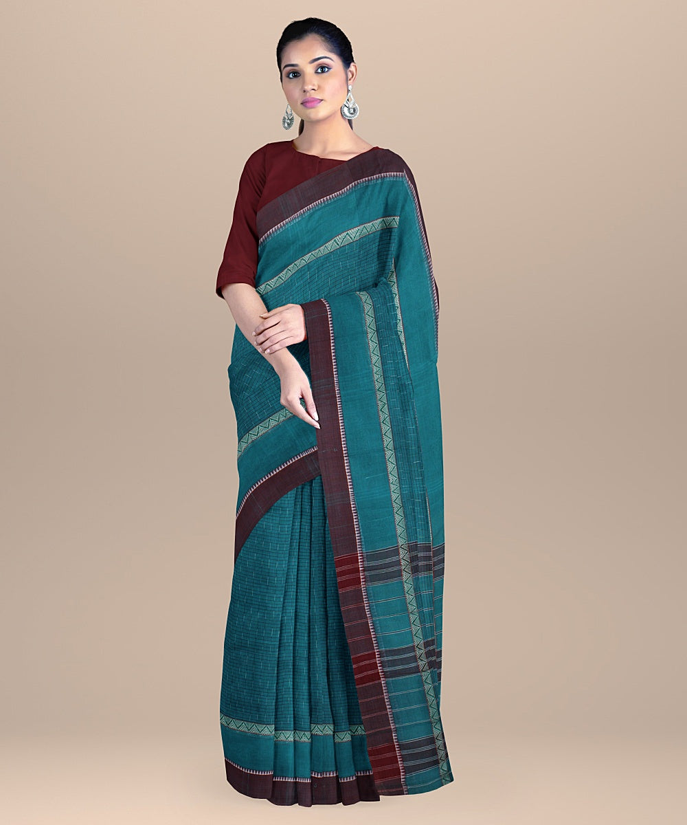 Dark green maroon handwoven cotton narayanapet saree