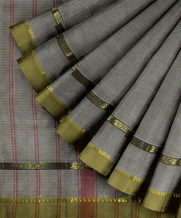 Grey lime green handwoven narayanapet cotton saree