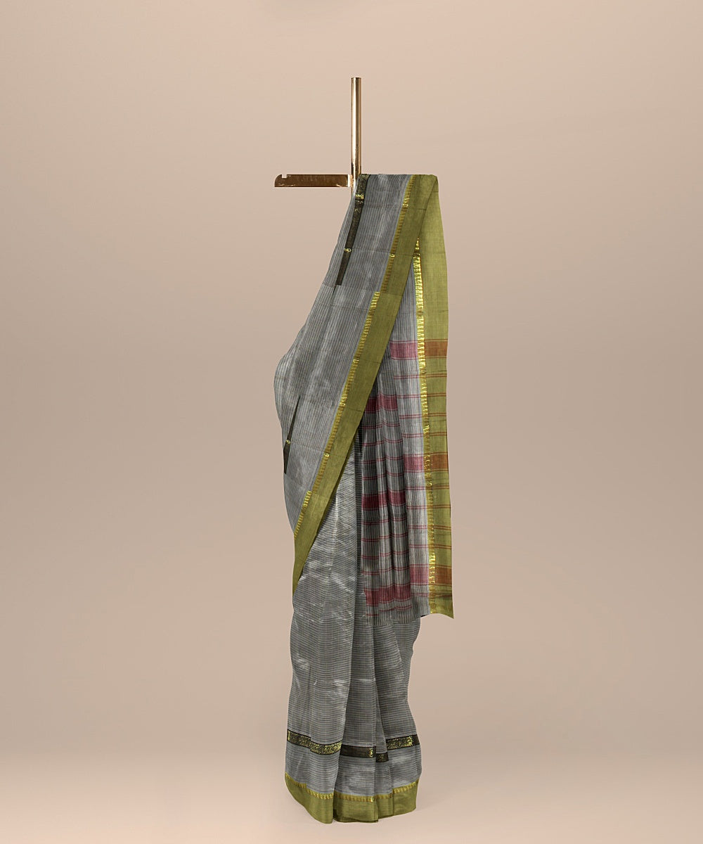 Grey lime green handwoven narayanapet cotton saree