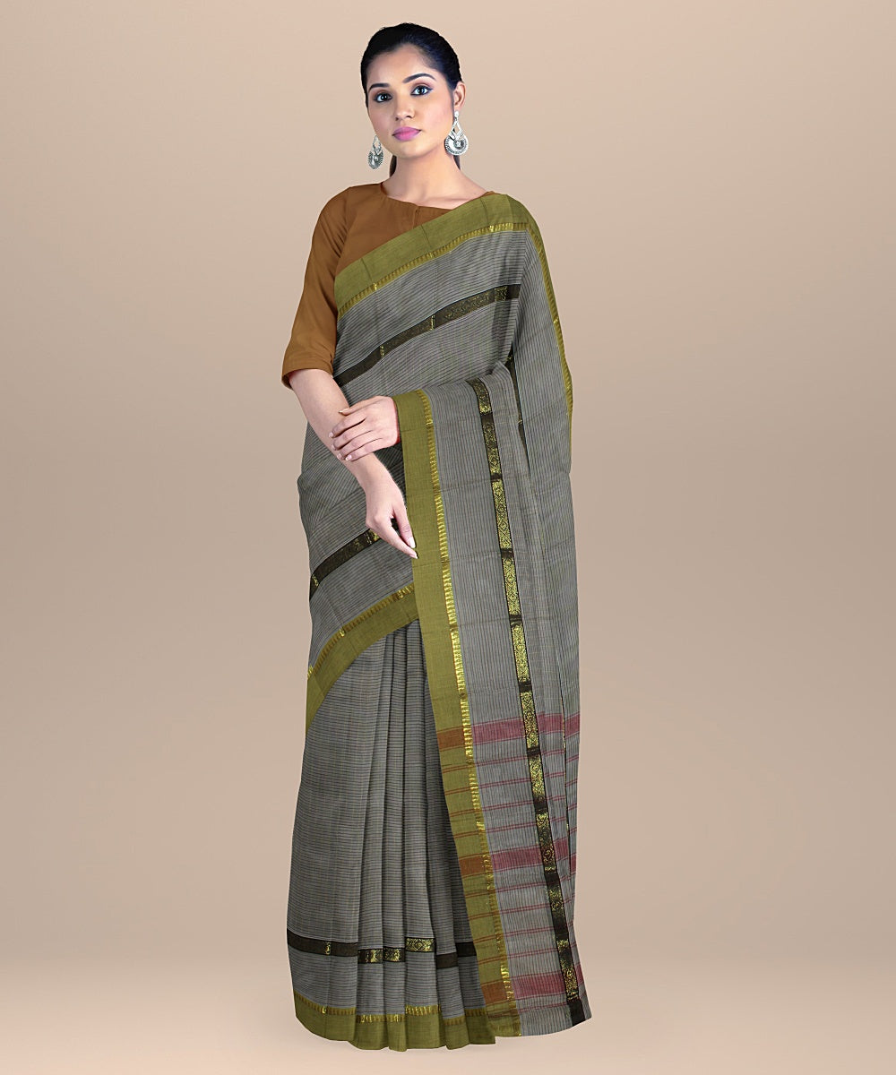 Grey lime green handwoven narayanapet cotton saree