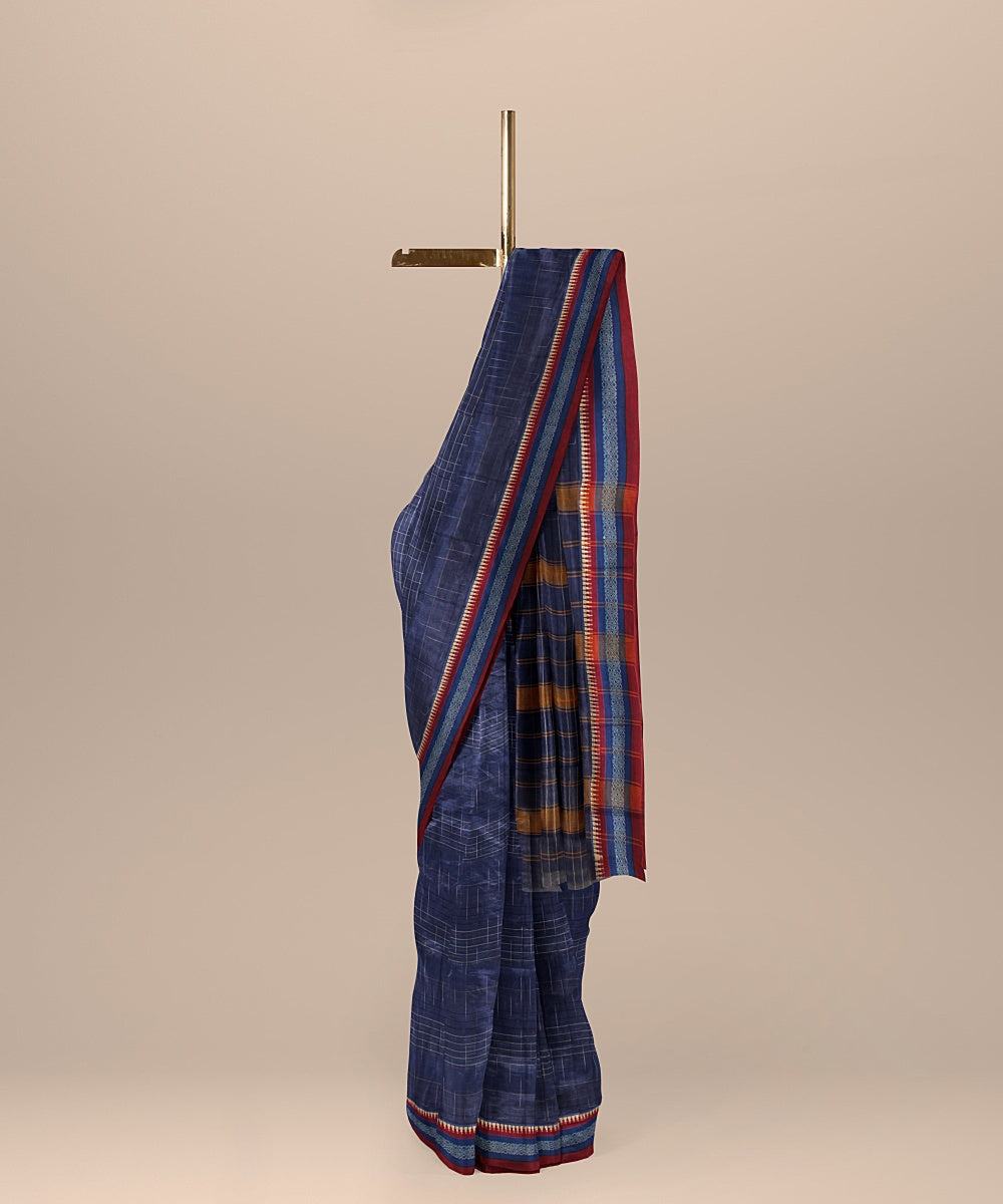 Navy blue red handwoven narayanapet cotton saree