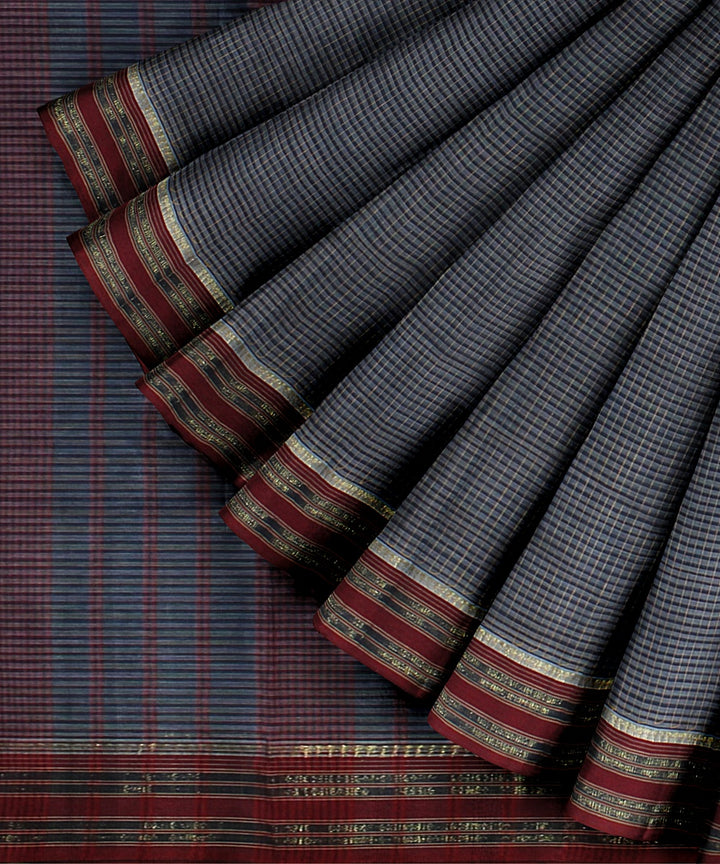 Navy blue deep red handwoven narayanapet cotton saree