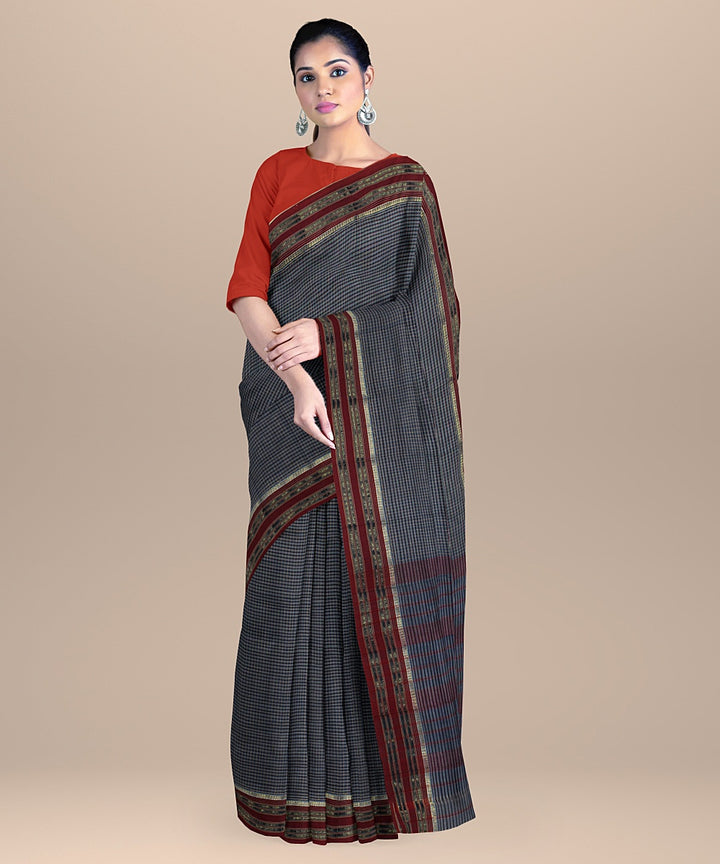 Navy blue deep red handwoven narayanapet cotton saree