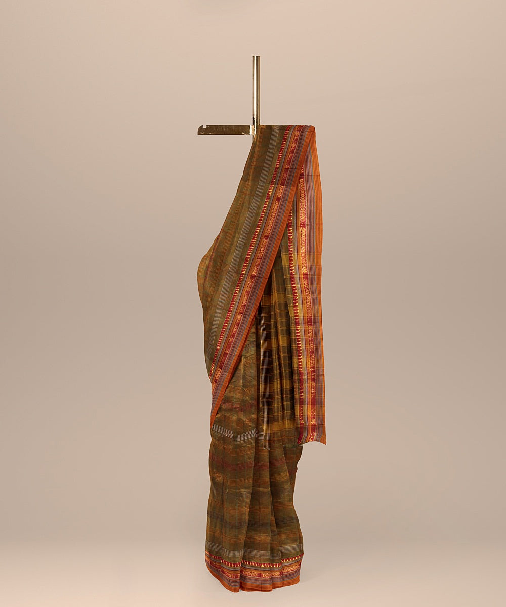 Brown orange handwoven narayanapet cotton saree